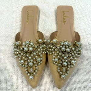 Lulus Flora Beige Suede Pearl Embroidered Pointed Toe Flats